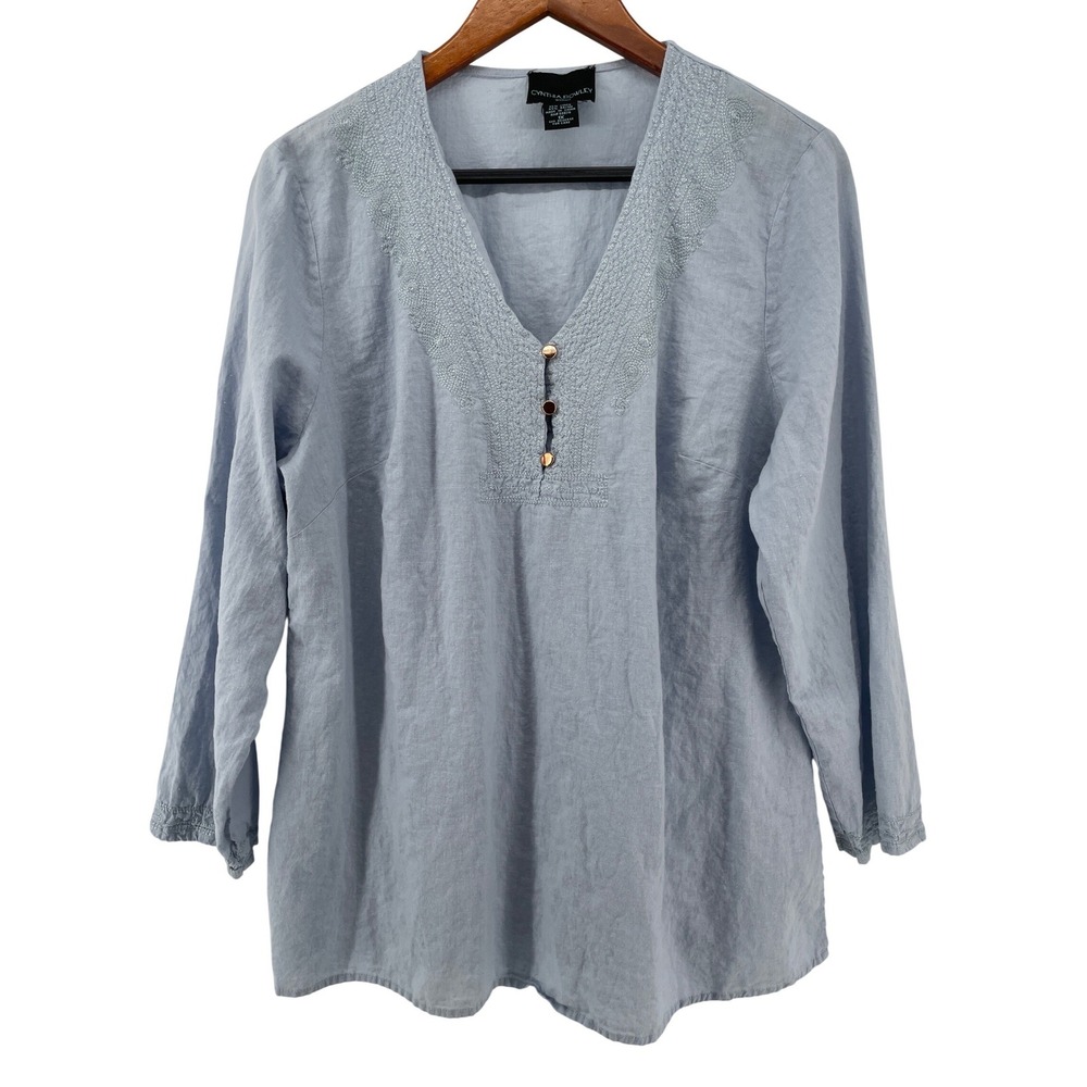 Cynthia Rowley Tunic Top Womens 1X Blue Linen Blend Embroidered Western Coastal